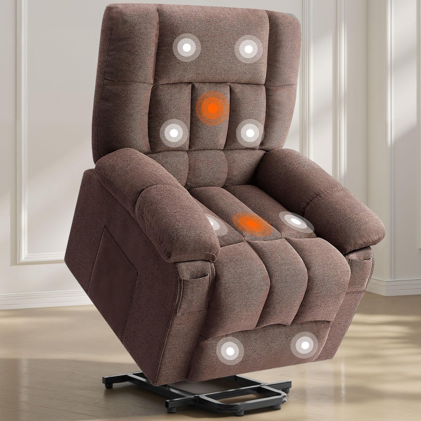Sweetcrispy Power Lift Recliner Chair with Vibration Massage and Heat for Adults, Ergonomic Overstuffed Breathable Fabric Reclining Chair with Side Pockets, Remote Control, Living Room, Bedroom, Brown