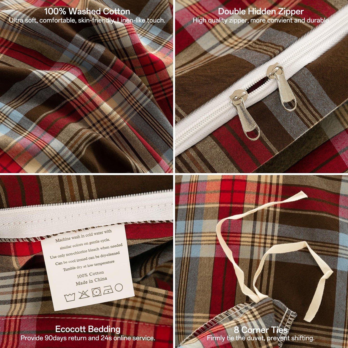 ECOCOTT Buffalo Plaid Duvet Cover Queen Size– 3 Piece Washed Cotton Bedding Set with Classic Checkered Pattern, Red & Brown Duvet Cover with Pillowcases for All Seasons