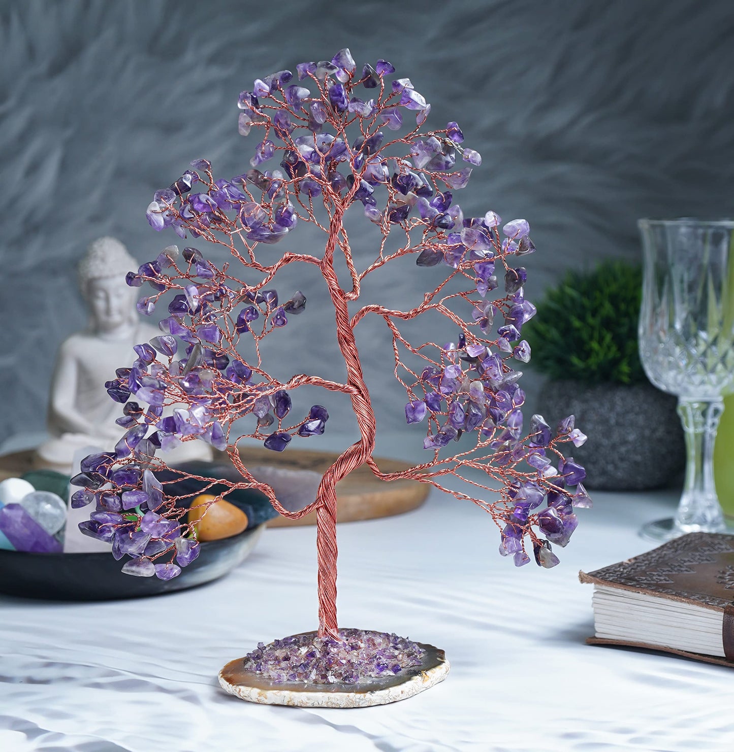 Crocon® Amethyst Crystal Tree of Life Gifts for Women, Men & Family, Gemstone Agate Slice Base Healing Chakra Feng Shui Money Spiritual Gift for mom, Wife, Sister Birthday Present Home & Room Decor