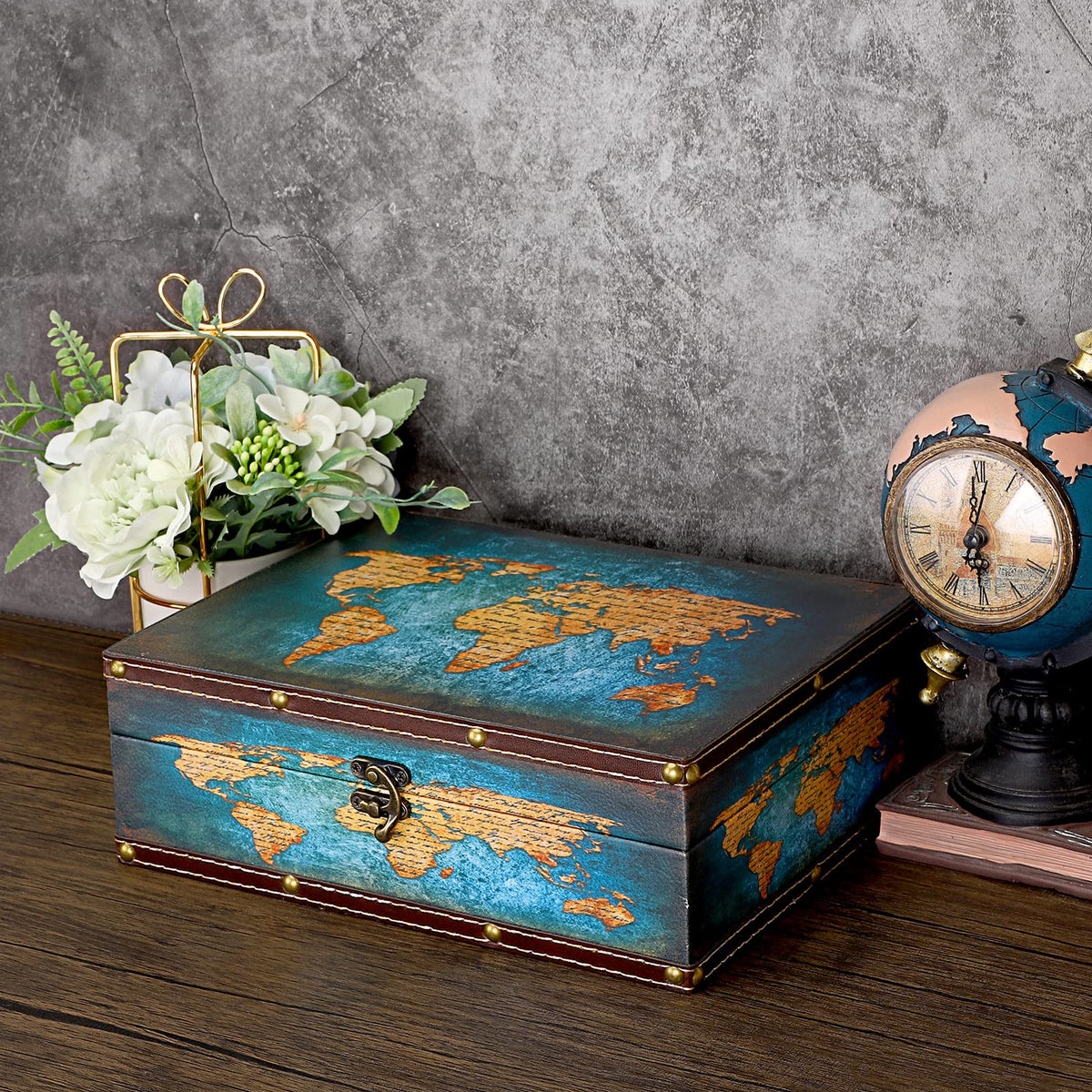 ELLDOO Decorative Treasure Chest Box, Wooden + PU Leather Storage Box for Jewelry Trinkets Photos, Rectangular Keepsakes box for Girls Women Gifts, Green Map Pattern