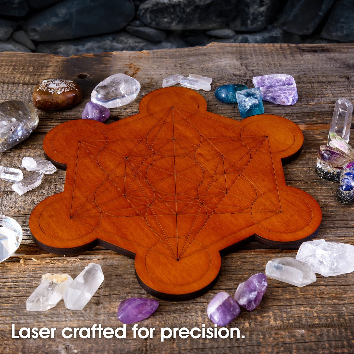Curawood Crystal Grid Board for Stones - 10" Diameter Metatron's Cube Sacred Geometry Board - Amplify the Power of Your Crystals - Chakra Grid Plate, Altar Decor - Cubo de Metatron