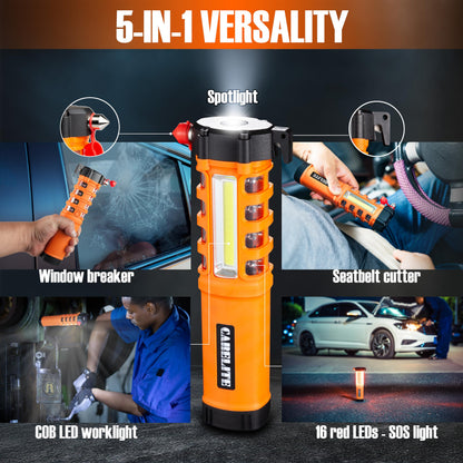 Emergency Car Flashlight with Seatbelt Cutter and Window Breaker, LED Work Light & Flash Beacon, Life-Saving Car Escape Tool for Roadside Safety (Orange)