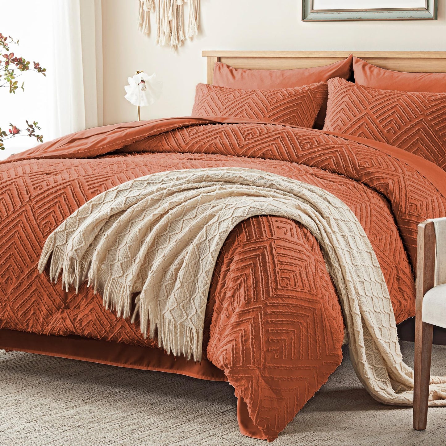 Zzlpp Queen Comforter Set 7 Pieces, Burnt Orange Tufted Bed in a Bag with Comforter, Pillow Shams, Pillowcases, Flat Sheet, Fitted Sheet