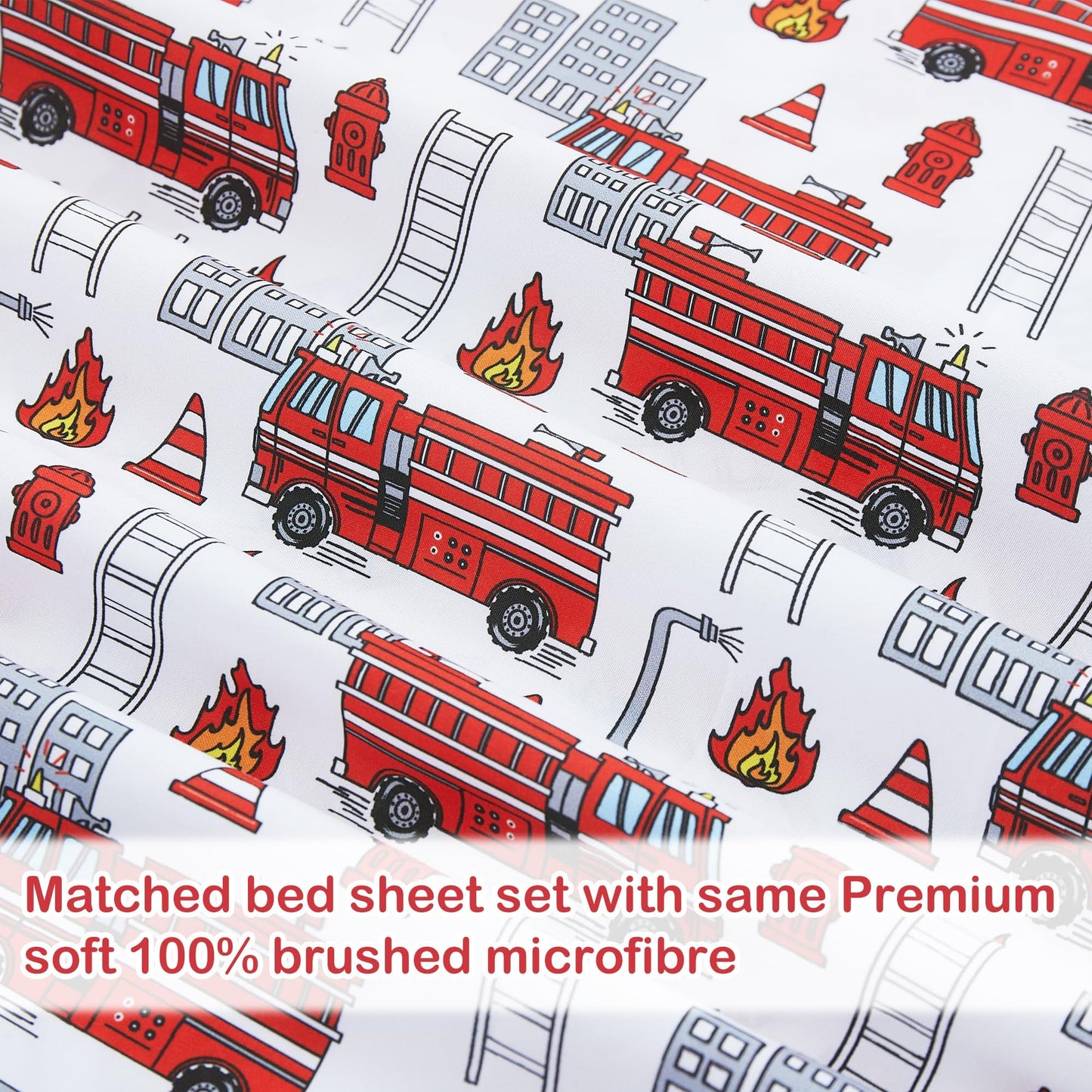 Softan Kids Bed Sheet Set, Boys Full Size Sheets, Microfiber Kids Fitted Sheet and Pillowcase, Breathable and Silky Soft, 4 Piece Fire Engines Printed Full Bed Sheet