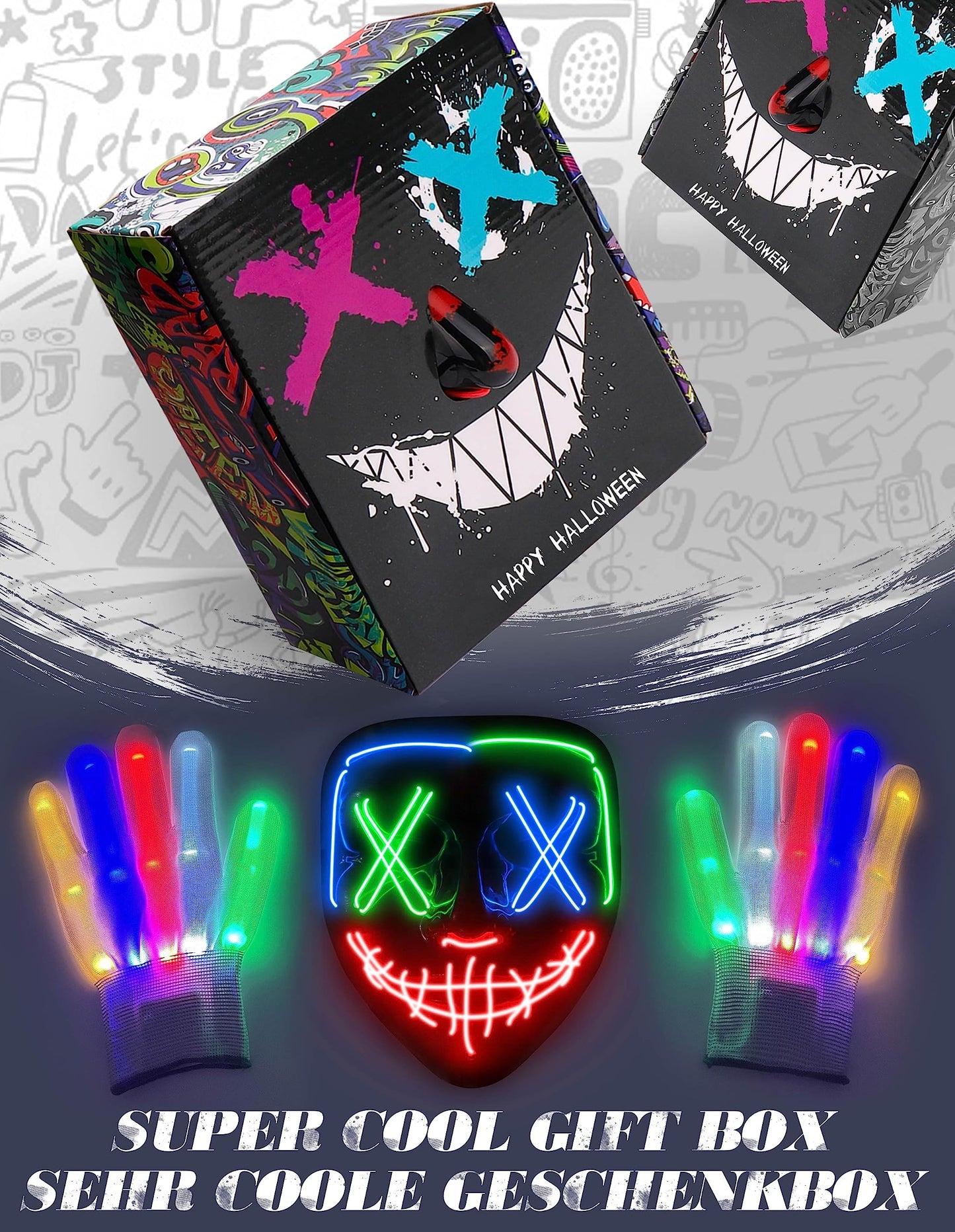 New Halloween LED Mask & Gloves in Multiple Light Modes, The Purge Mask Purge Costume, Light up Neon Gloves, Halloween Costumes for Women Kids Girls - Multicolor