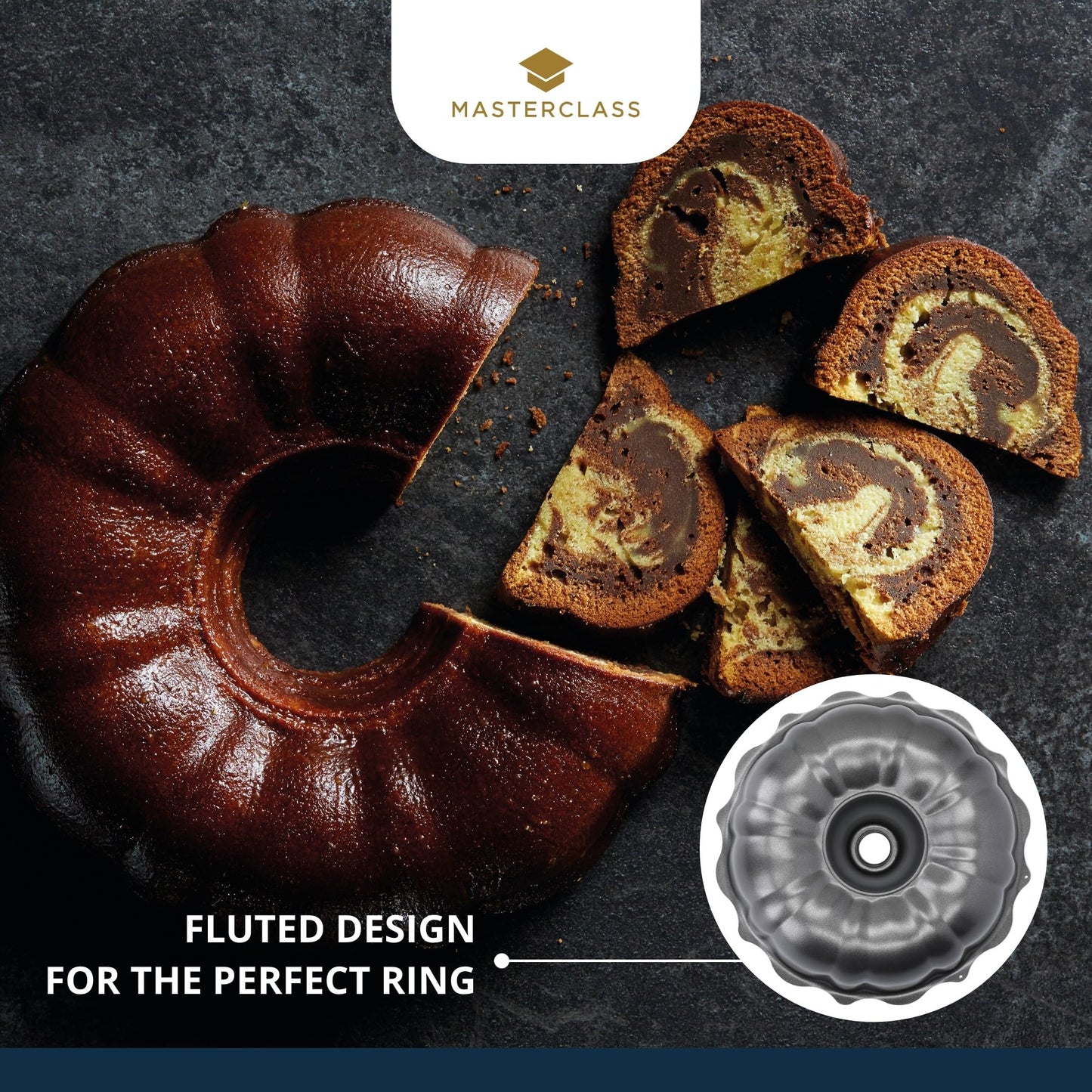 MasterClass FBA_KCMCHB18 27 cm Fluted Ring Cake Tin with PFOA Non Stick Coating, Robust 1 mm Thick Carbon Steel, 10.5 Inch Savarin Mould, Grey