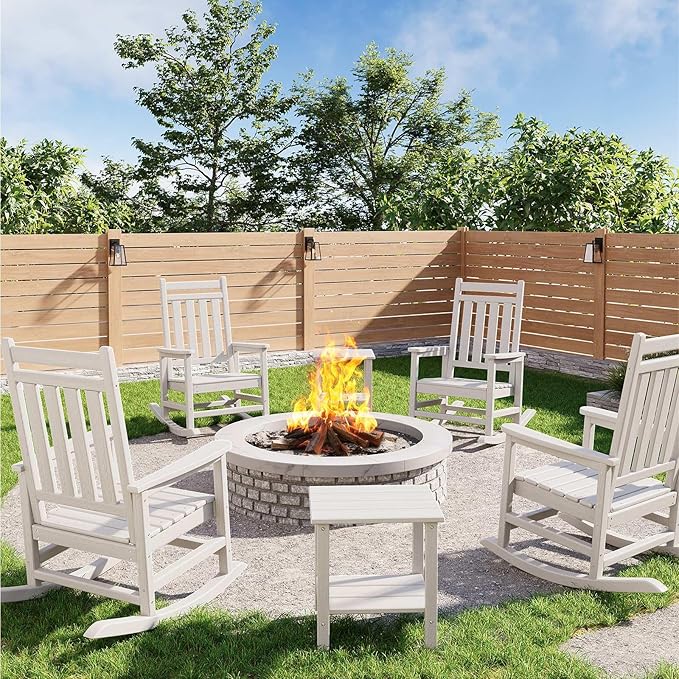 HDPE Rocking Chair Outdoor Set of 4 with 2 Side Table - Poly High Back Porch Rocker Chairs for Adults - All Weather Resistant Furniture for Patio Front Porch - White