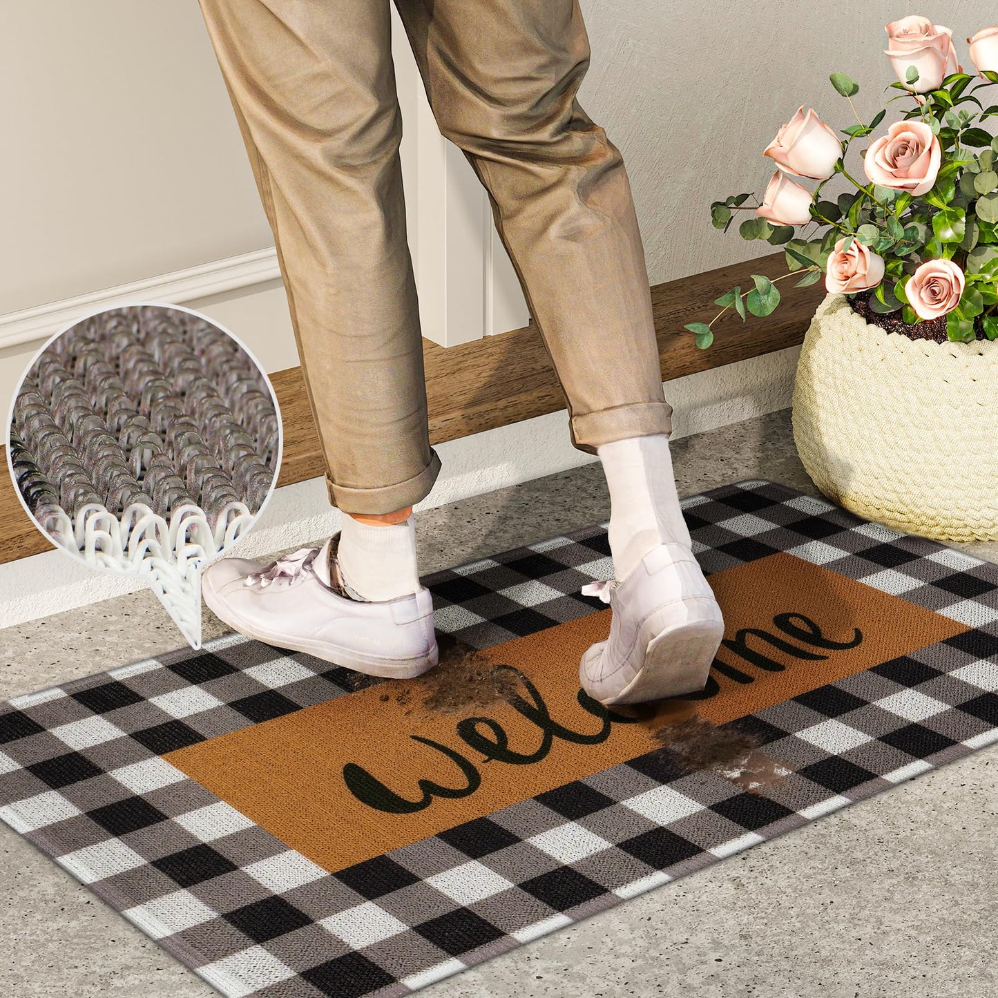 UINI Welcome Mat Outdoor Indoor Door Mats, Heavy Duty Buffalo Plaid Welcome Front Door Mat, Non Slip Durable Entrance Rugs for Outside Entry, Porch, Resist Dirt, 17"x 30"