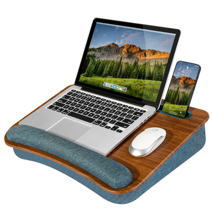 LAPGEAR Portable Laptop Lap Desk with Pillow Cushion, Anti-Slip Strip, Tablet or Phone Storage Slot, Pen and Pencil Pocket, and Wrist Rest - Espresso Woodgrain - Fits 15.6" Laptops - Style No. 91342