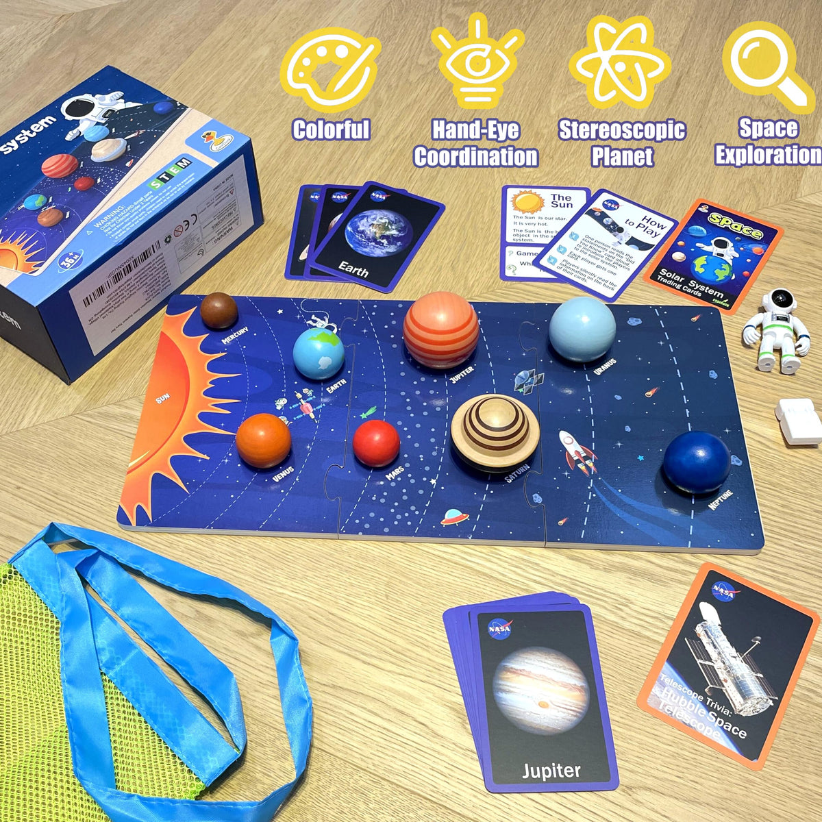 COOLDUCK 30 Pcs Wooden Solar System Model Board Toy Kit, Montessori Planet Balls Toys with Astronaut Figures, Preschool Learning Educational Puzzle, Space Knowledge Flash Cards Learning Toys for Kids