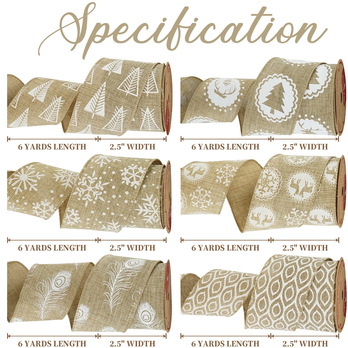 MEEDEE Burlap & White Print Ribbon - Wired Burlap Ribbon, 2.5 Inch, 6 Rolls, 36 Yards - Christmas Tree & Wreath Decorations