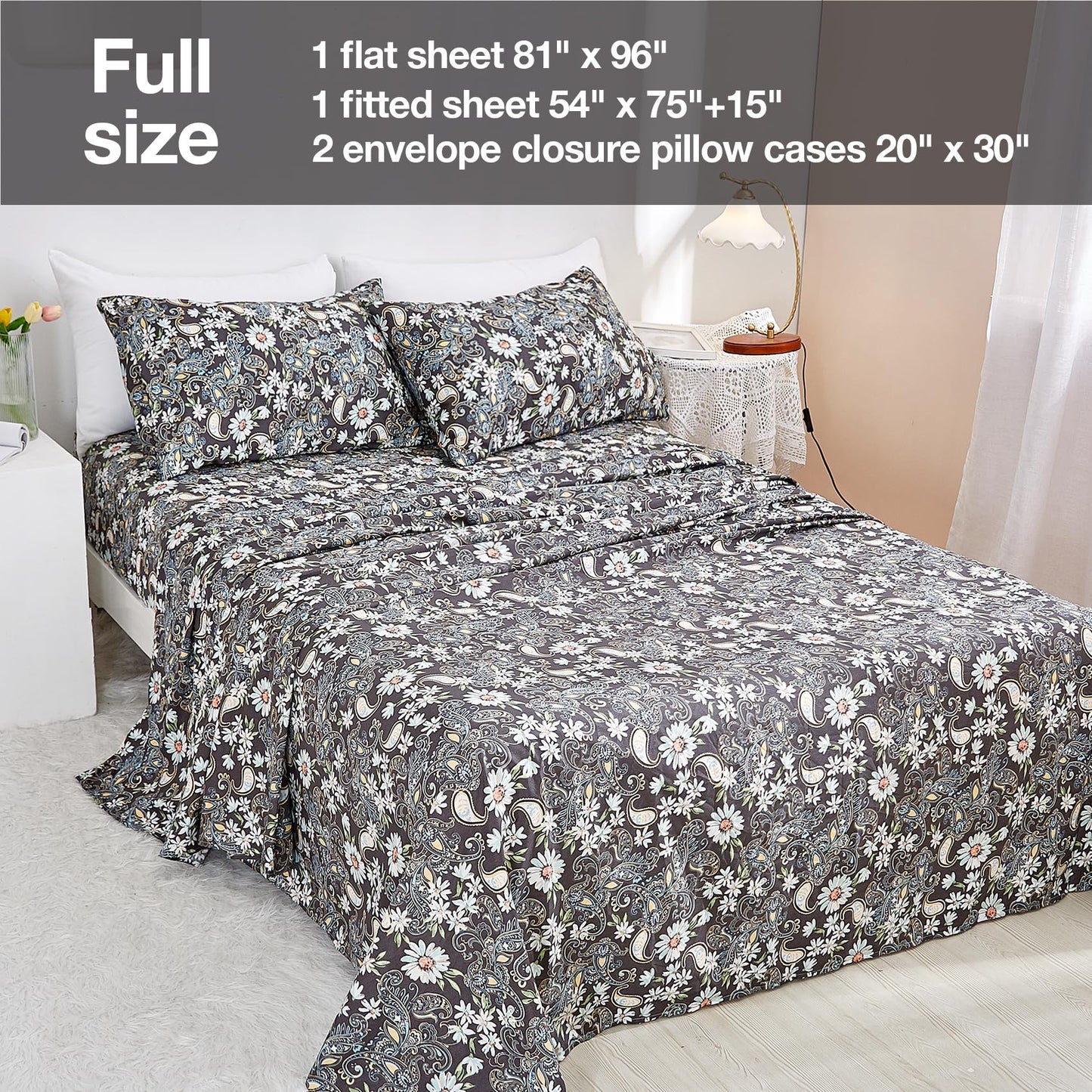 JSD Paisley Sheet Set Full Size, 4 Piece Retro Pattern Microfiber Bedding Sheets Extra Deep Pocket