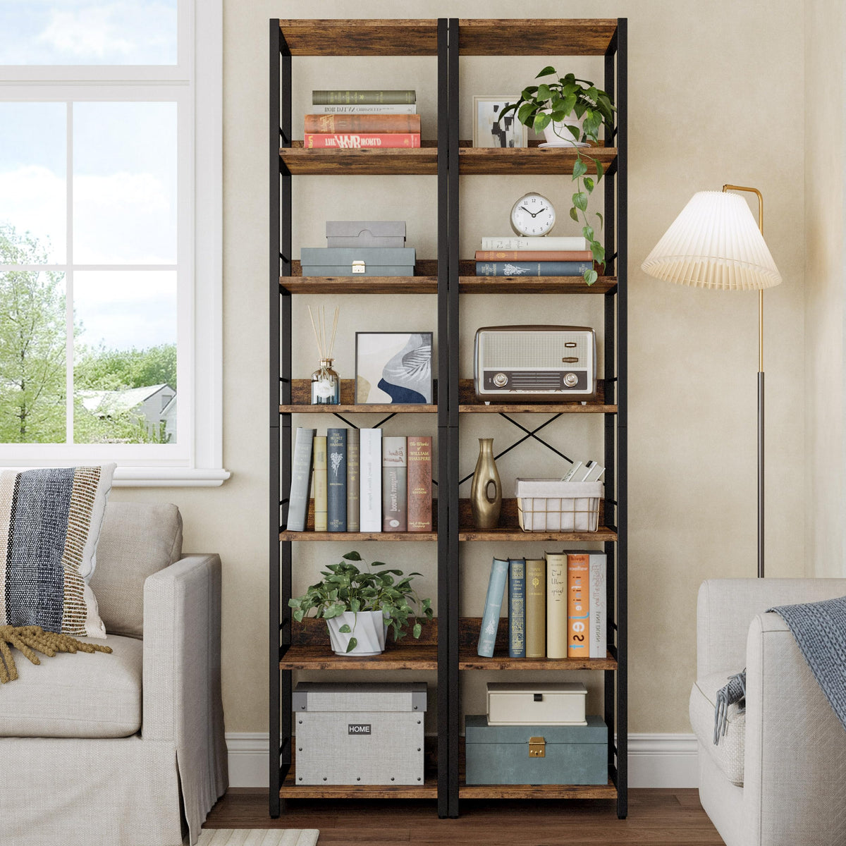 IRONCK 75" Tall Narrow Book Shelf, 6-Tier Open Corner Bookshelf, Industrial Metal Frame Square Display Storage Rack for Living Room, Rustic Brown