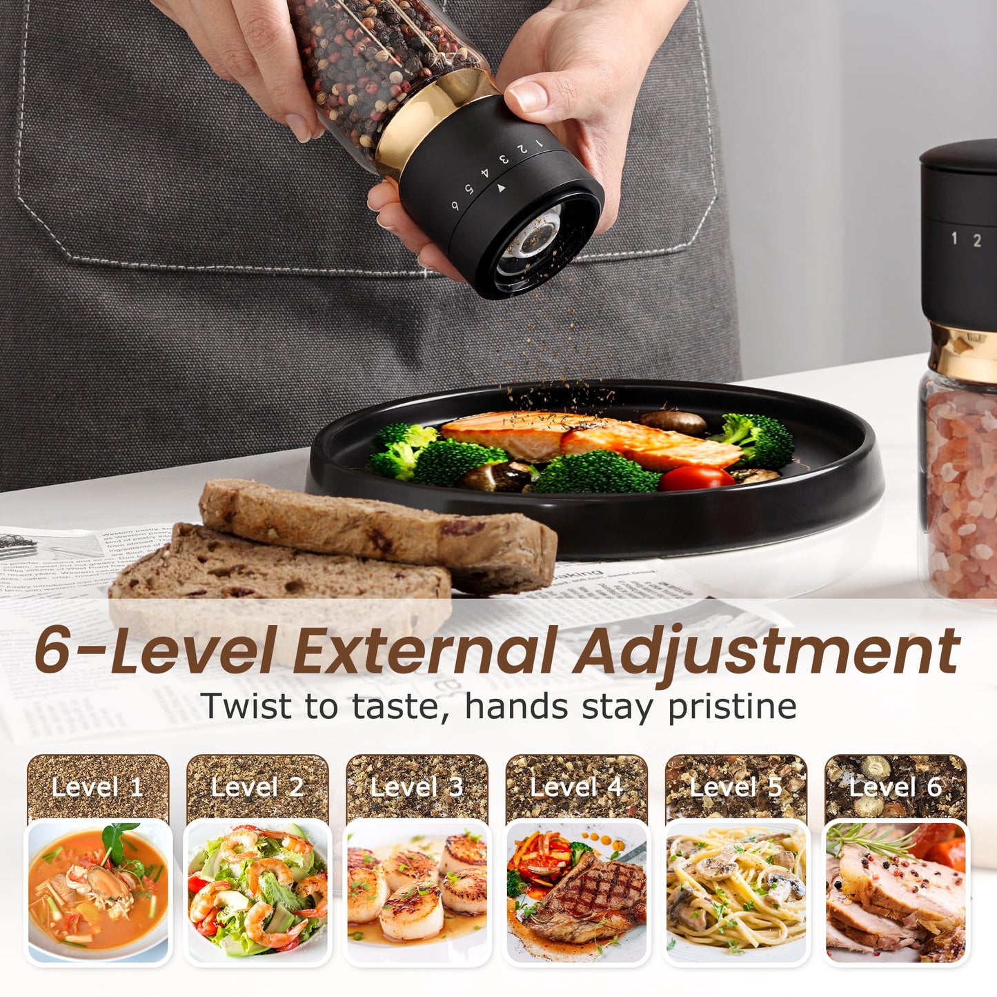 Gold Salt and Pepper Grinder Set with External Adjustable Coarseness Stainless Steel Sea Salt & Pepper Mill Set Ceramic Core Spice Grinder Refillable Glass Black and Gold Shaker Kitchen Accessories