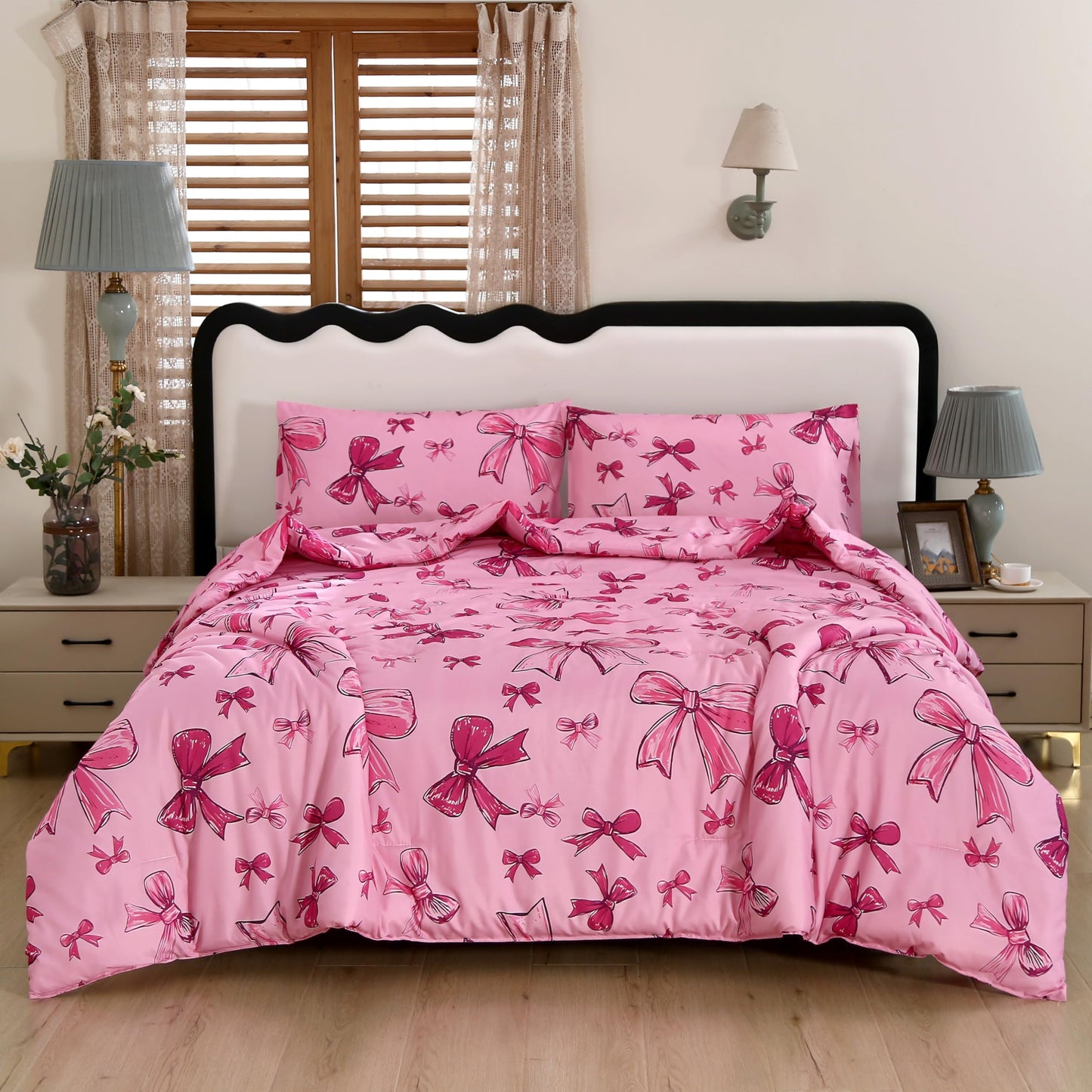 SDIII Pink Bow Comforter Set Twin 3 Pieces, Soft and Breathable Microfiber Lightweight Bows Comforter Twin, Pink Bow Bedding Set for Girls Kids Teens