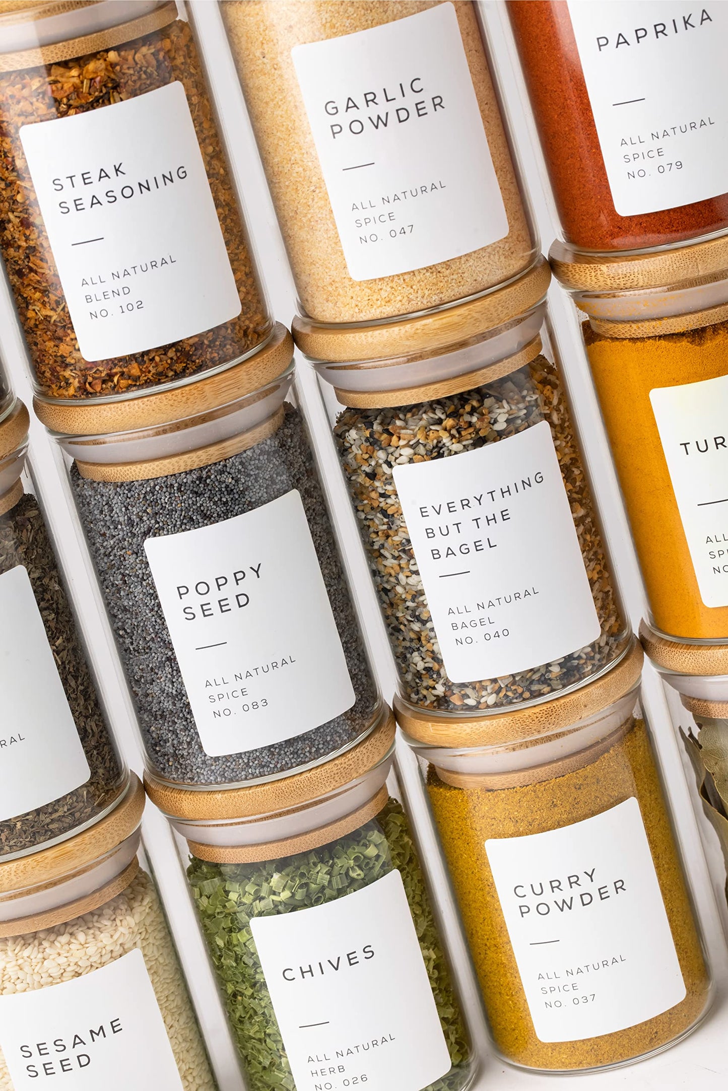 Bloomondo Glass Spice Jars with Label Pack (12x Bamboo Lid Glass Jar) Small 6oz Empty Spice Storage Bottles with 112 Printed Stickers and 48 Writable Pantry Labels for Seasoning Containers