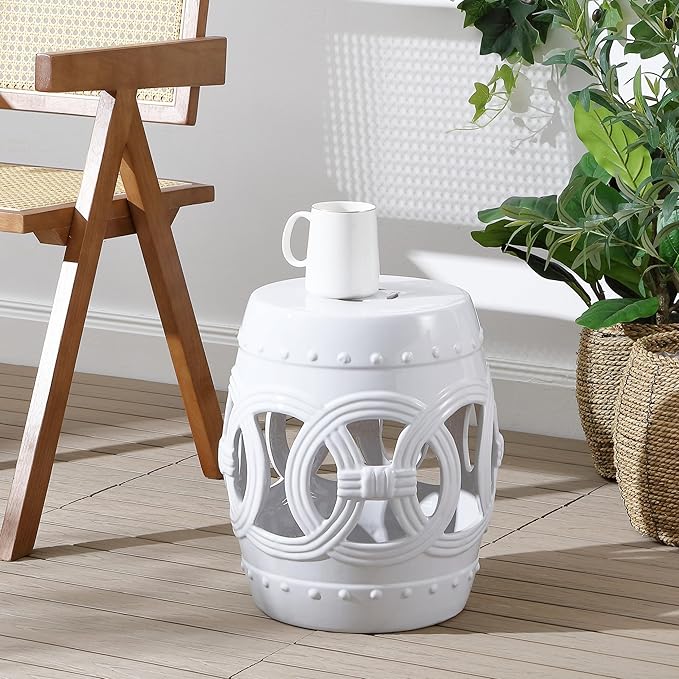 JONATHAN Y TBL1022A Lucky Coins 16" Chinese Ceramic Drum Indoor/Outdoor Garden Stool, Bohemian, Coastal, Cottage, French Country, Traditional, Spill-Proof, Living Room, Garden Room, Patio, White