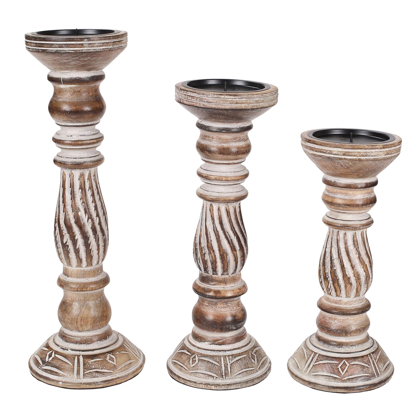 Wooden Candle Holders Set of 3, (Colour - Natural Finish, Size -14",12",10") Wood Candal Holder, Wooden Candle Holder, Unity Candle Holders, Rounded Turned Colums, Country Style Idle Gift for Wedding