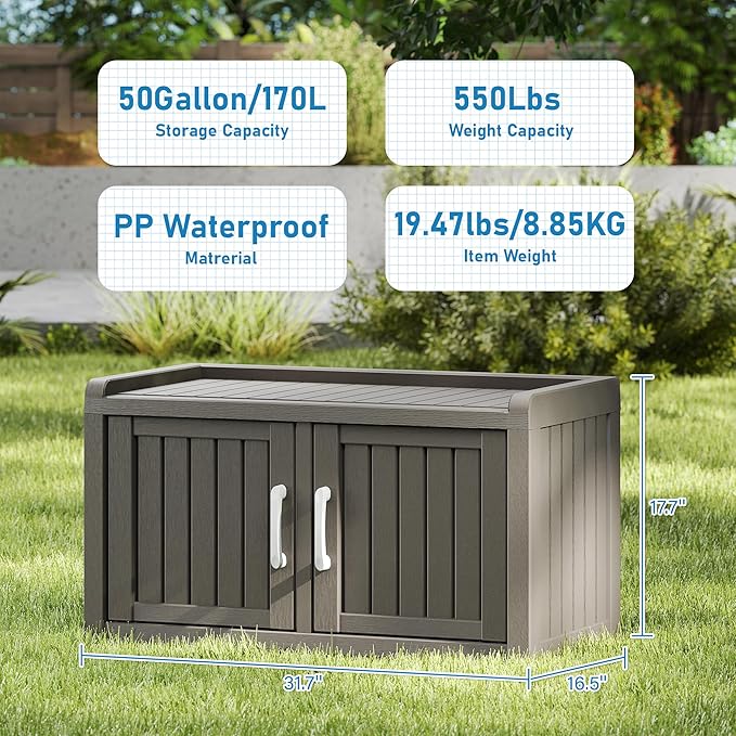 2-Tier Storage Bench, Waterproof UV-Resistant Outdoor Shoe Storage Cabinet with 2 Doors & Adjustable Shelves for Indoor Outdoor Entryway, Hallway, Living Room (Grey)
