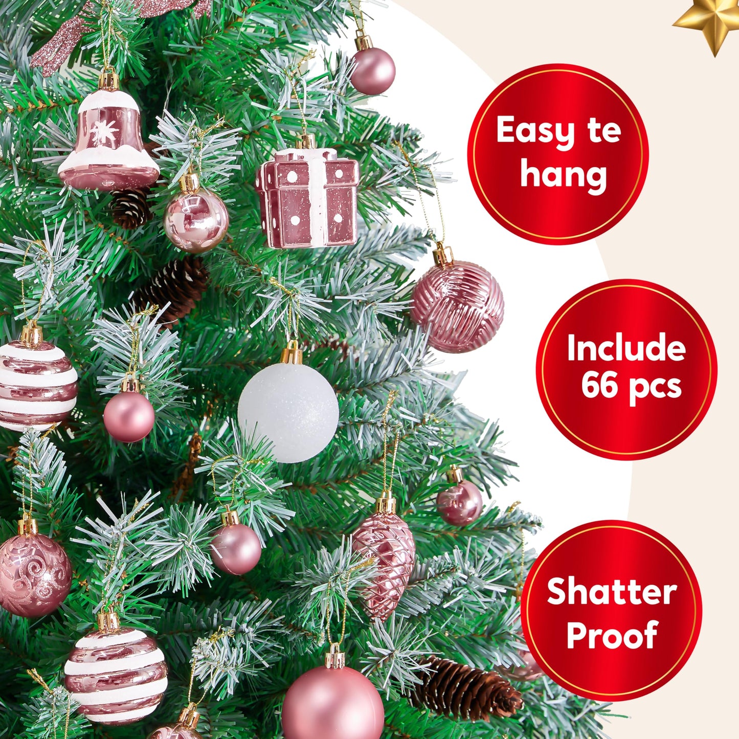 Joiedomi 66 Pcs Christmas Balls Ornaments Set, Pink Shatterproof Plastic Christmas Tree Ornaments for Xmas Hanging Decoration, Holiday Party Decoration