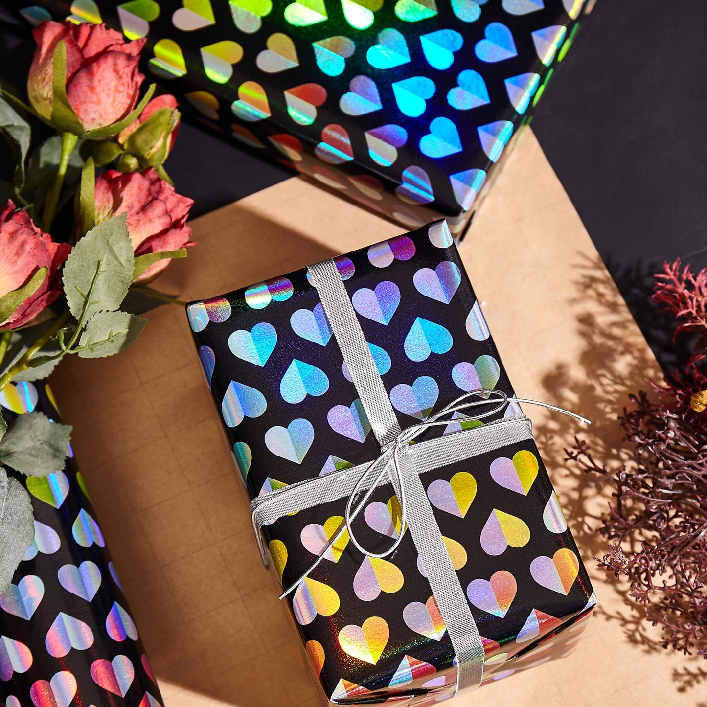 LUVONA Rainbow Heart Wrapping Paper – Black Kraft, Mini Roll 17 inch x 33 feet – Colorful Foil Gift Wrap for Valentine’s, Wedding, Birthday