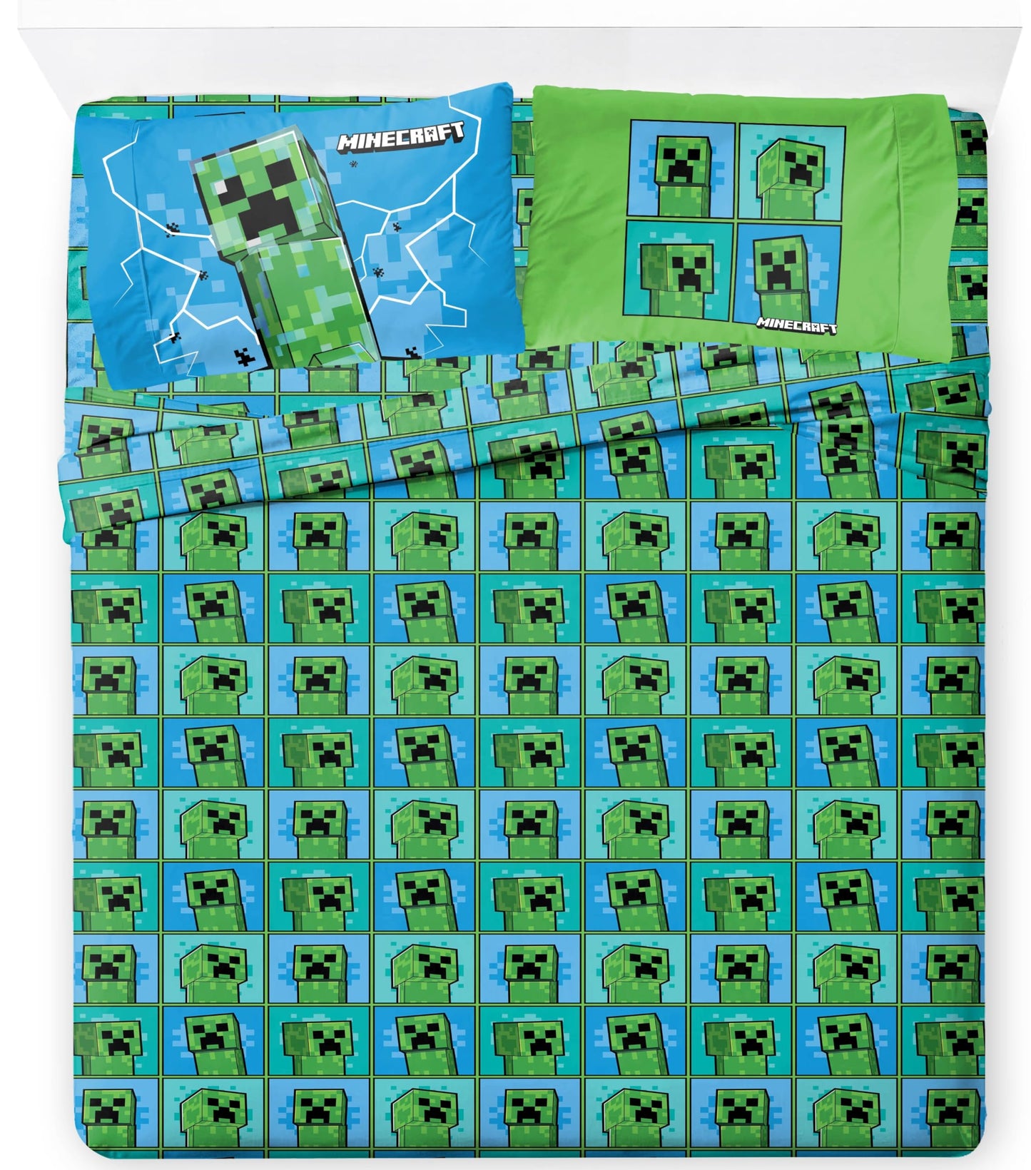 Jay Franco Kids Sheet Set with Fitted, Flat Sheets & Pillow Cover - Ultra-Soft Bedding with Pillowcase for Room Decor, Blue - Minecraft Creeper, 4 Piece Queen