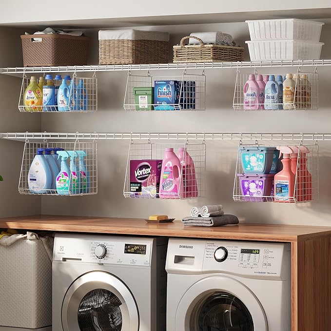 4-Tier Hanging Laundry Room Organizer: Foldable Wire Shelf Basket