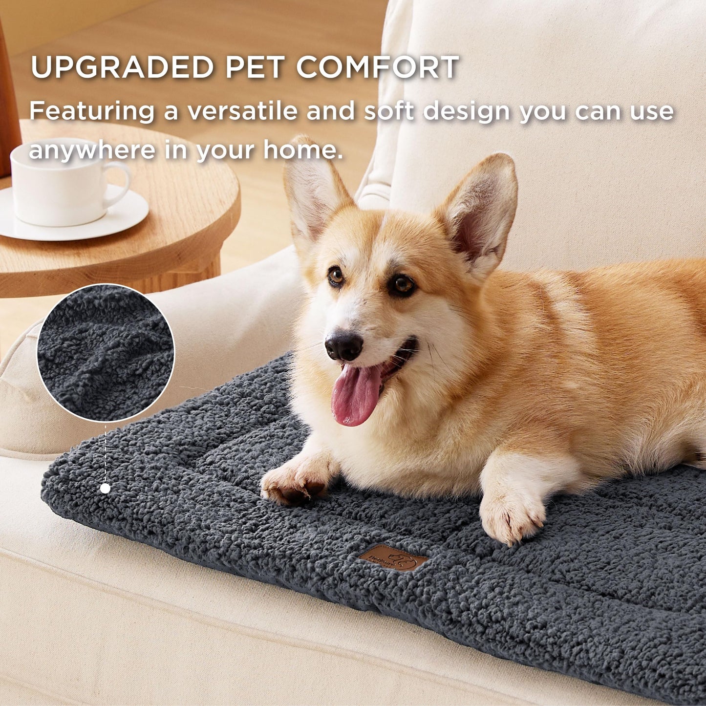 Bedsure Large Dog Bed Mat - Washable Fleece Foam Pet Bed Reversible Pet Mat, Large Dog Crate Mattress for Pets, 89x58cm, Dark Grey