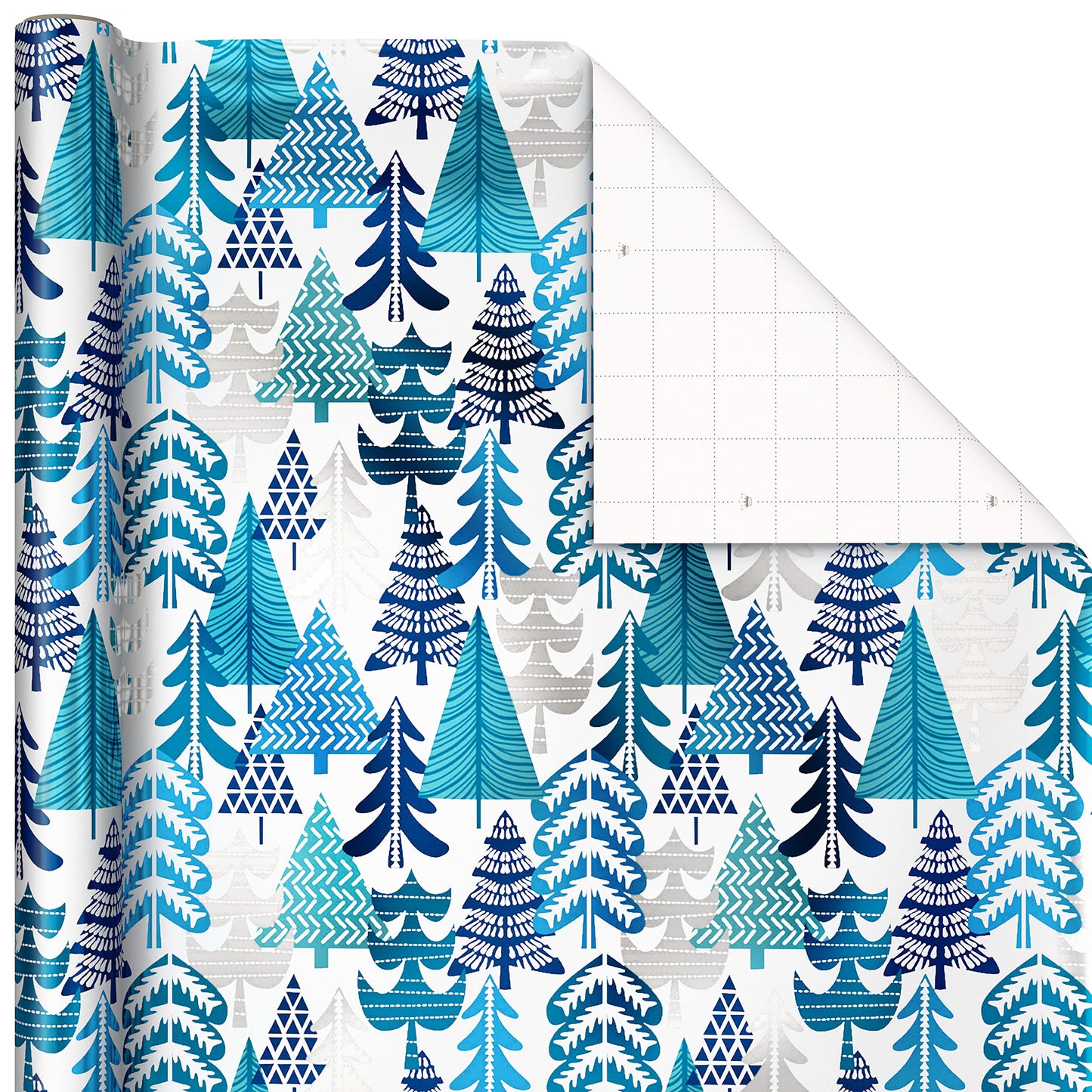 Hallmark Blue Foil Christmas Wrapping Paper with Cut Lines on Reverse (3 Rolls: 60 sq. ft. ttl) Snowmen, Snowflakes, Christmas Trees