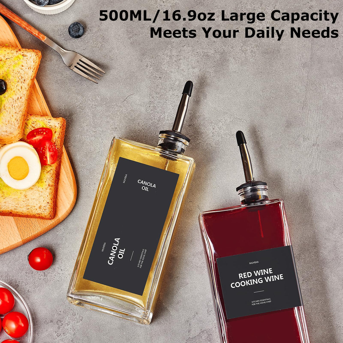 MUVEKA Olive Oil Dispenser Bottle for Kitchen, 16.9 oz/ 500 ml Cooking Oil Container, Glass Oil Dispenser Set, Glass Cruet for Oil with Pourer Spouts, Coffee Syrup Dispenser
