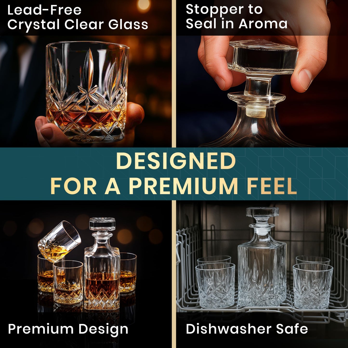 Whiskey Decanter Set by Royal Reserve - Crystal Liquor Bourbon Decanter 24oz 700ml with 4 Glasses in Magnetic Box - Gifts for Men