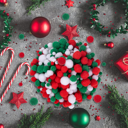BQTQ 1200 Pieces Christmas Pom Pom Tinsel Balls Glitter Fluffy Pompoms for Craft Making and Party Decorations (4 Sizes, White, Green, Red)