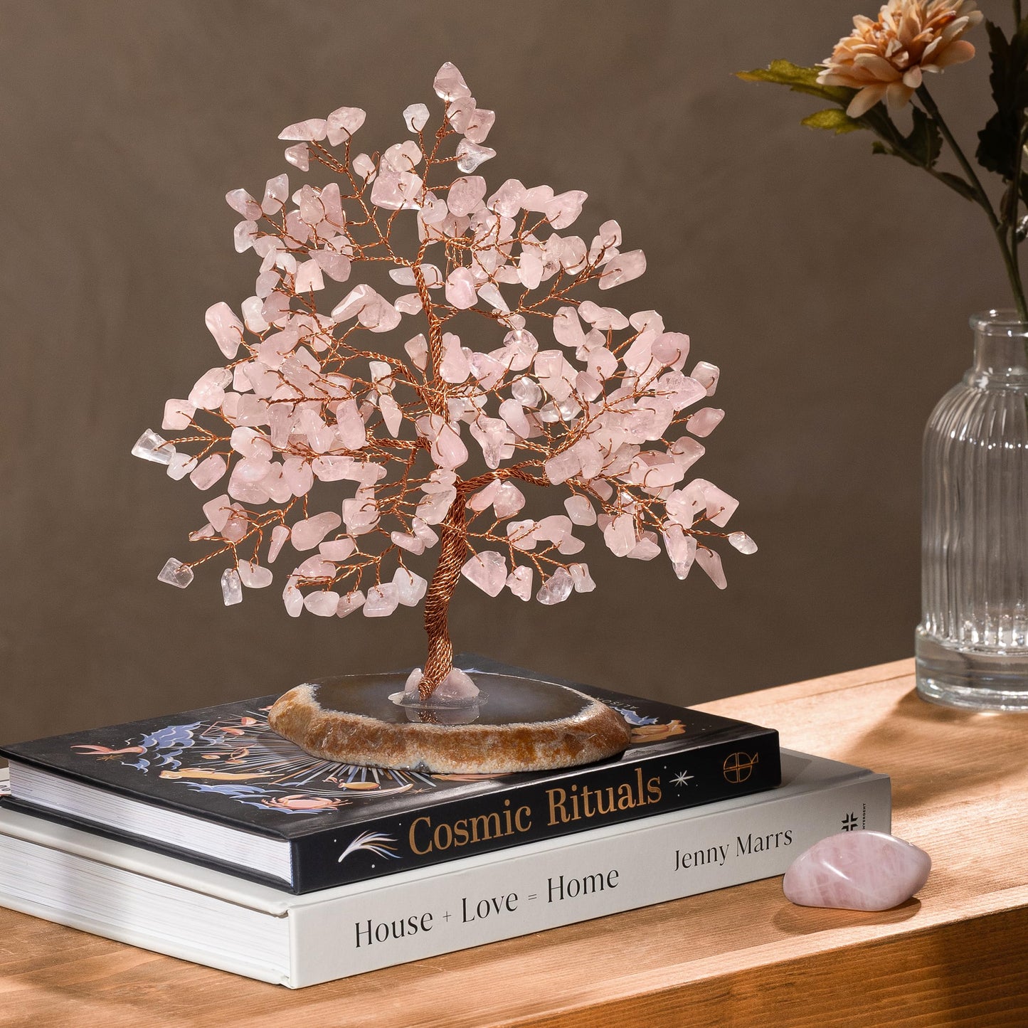 KARMA AND LUCK, Love Harmony Oasis, Real Rose Quartz Crystal Feng Shui Tree Home Decor, Wrapped with Copper on Agate Base, Handmade in Bali, Medium 8