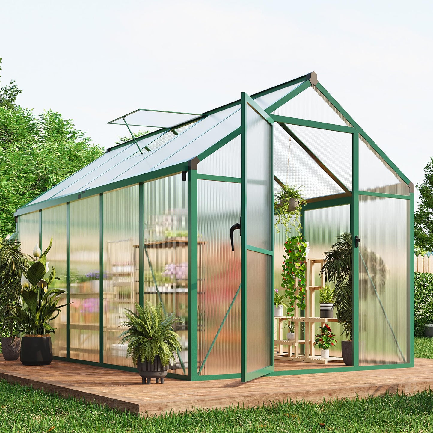 6x10 ft Walk-in Greenhouse, Polycarbonate Panels with Reinforced Aluminum Frame, Large Garden Green House for Planting and Seed Starting, Quick-Assembly Structure with Adjustable Roof Vent