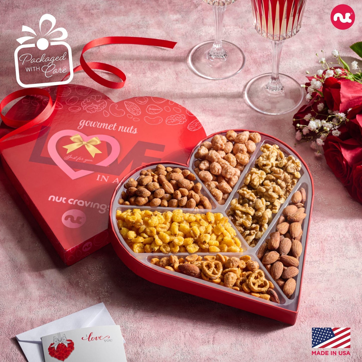 NUT CRAVINGS - Valentines Day Mixed Nuts Heart Shaped Gift Basket, Love in A Box (6 Assortments) Romantic Food Arrangement, Healthy Snack Care Package, Food Assortments