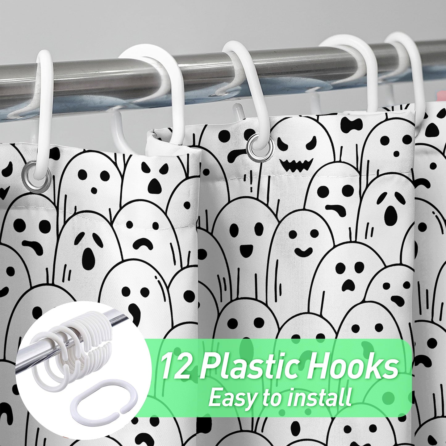 Spooky Ghost Shower Curtain, Waterproof Fabric with Hooks - 72x72 Inch, Perfect for Halloween Bathroom Decor