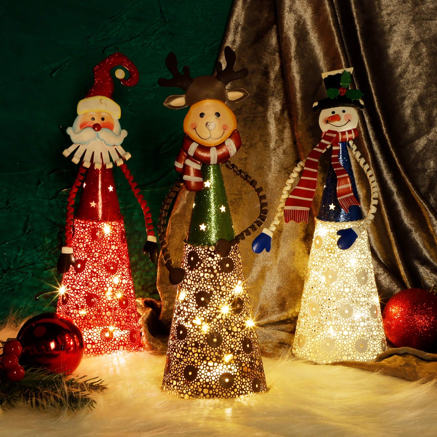 ATDAWN Lighted Christmas Table Decorations, Set of 3 Indoor LED Lighting Santa Snowman Reindeer Xmas Holiday Party Tabletop Desk Ornament & Candleholders