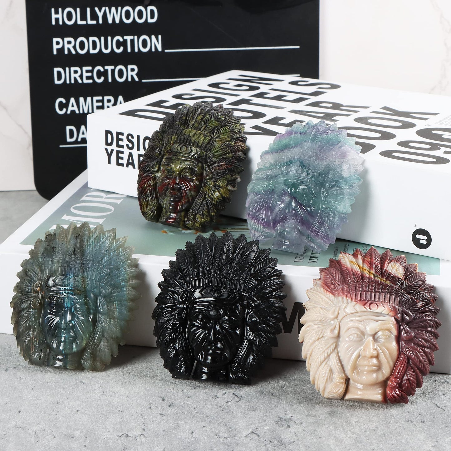 SMQ 2.5" Dragon Bloodstone Crystal Indian Head Figurines Hand Carved Gemstone Chief Bust Statue Collectable Reiki Healing Stones Ornament for Halloween, Office, Home Decor