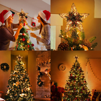BrizLabs Christmas Tree Topper, 11“ Rattan Star Treetop with 10 Warm Lights, 120V UL Certified Christmas Tree-top Star, Vine Christmas Tree Star Topper for Christmas Indoor Party Home Decor