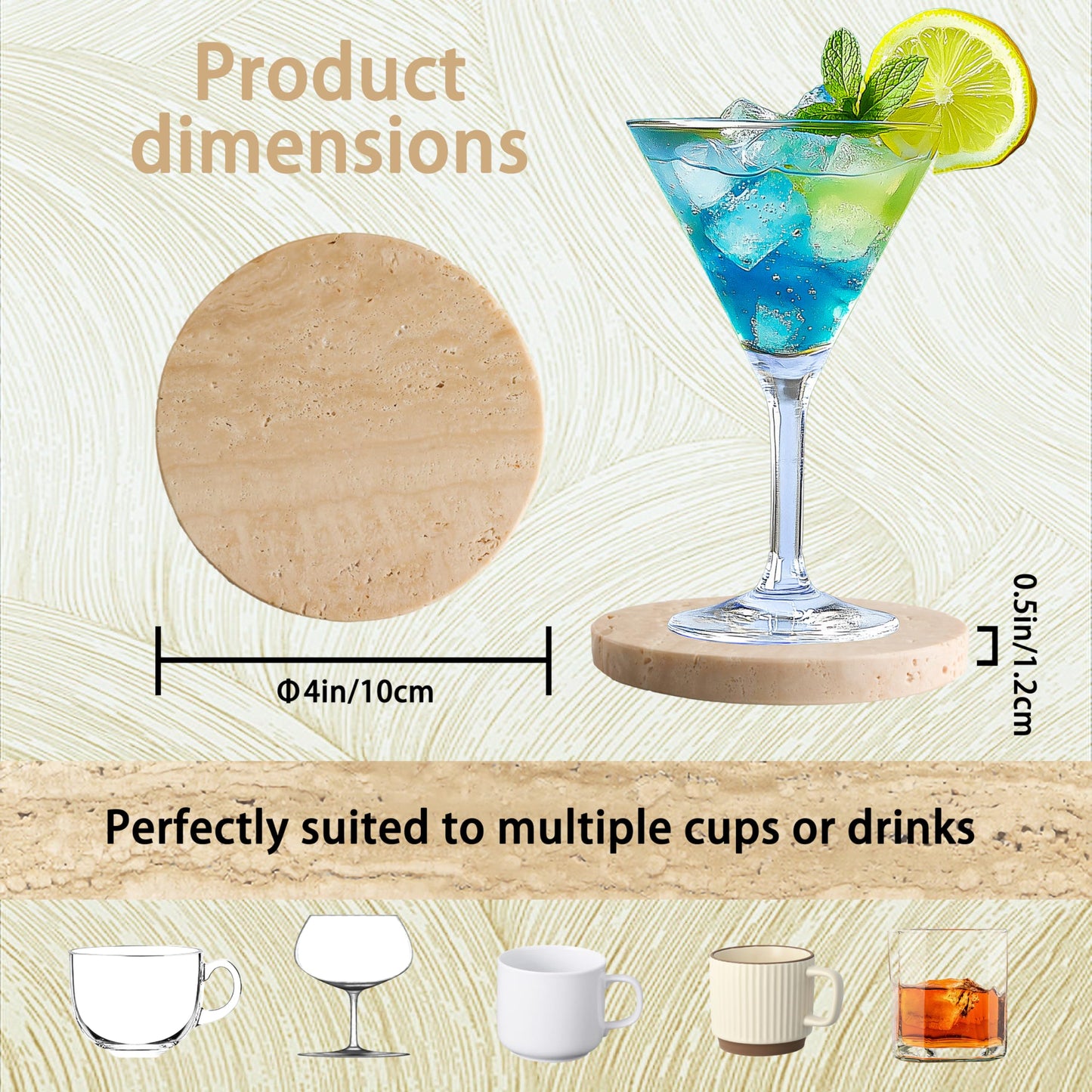 Vitrignis Natural Travertine Coasters Set of 4-4" Round Stone Drink Coasters for Housewarming Gifts, Anniversaries, Office Decorations