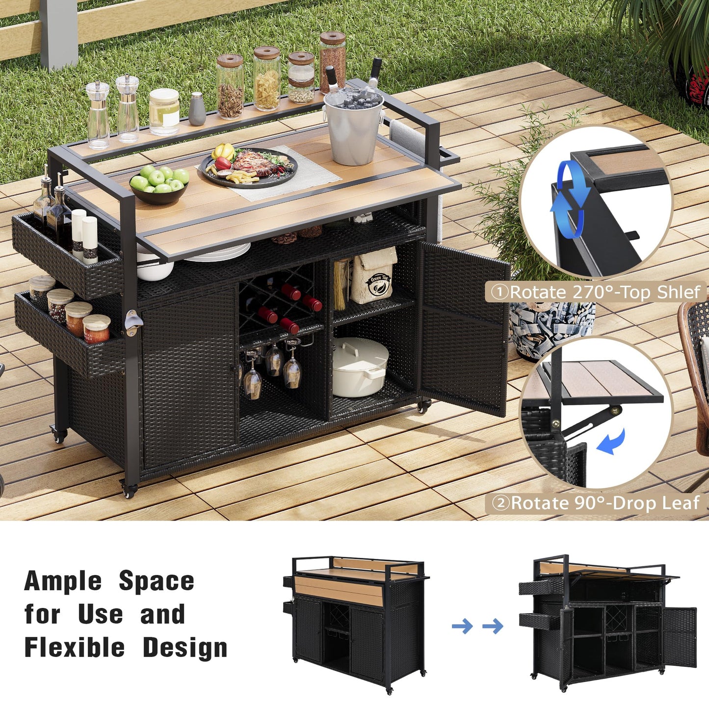 YOPTO Outdoor Grill Cart with Foldable Design,7-Tier Shelves,Lockable Wheels,Wine Rack & Weather-Resistant Wicker Rattan for Indoor/Outdoor Use,Black Brown