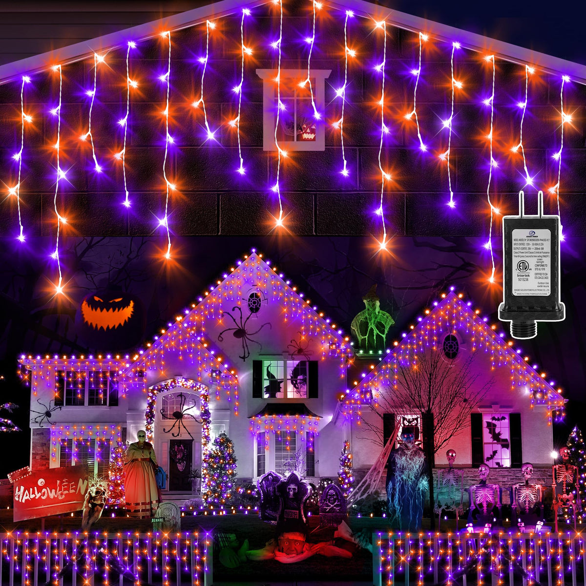 KNONEW 99FT 1216 LED Halloween Lights Decortation Orange Purple String Lights Outdoor with 228 Drops, 8 Lighting Modes, Timer Memory Function Hanging Curtain Lights for Halloween Party Decor
