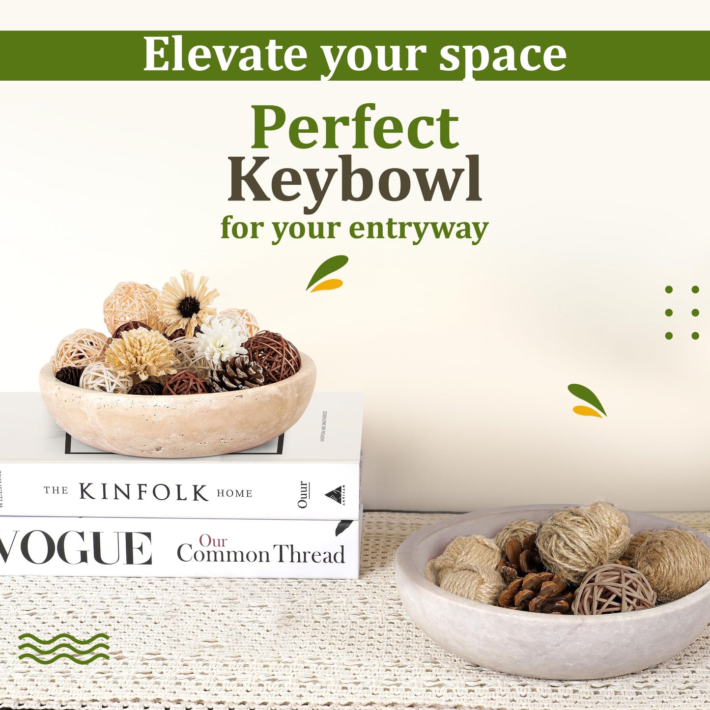 FNTSTICGOODS Travertine Decorative Bowl - 7.8” Diameter & 2” Height - Key Bowl for Entryway Table - Organic Modern Centerpiece - White/Gray