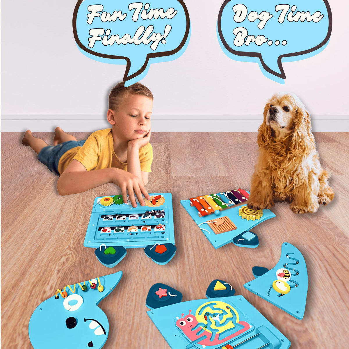 AthomBear Dinosaur Wall Busy Board with 12 Activities - Montessori Wall Activity Board 2-6 - Wooden Toys for Toddlers – Sensory Panel Learning Activity Center for Playroom, Daycare & Classroom