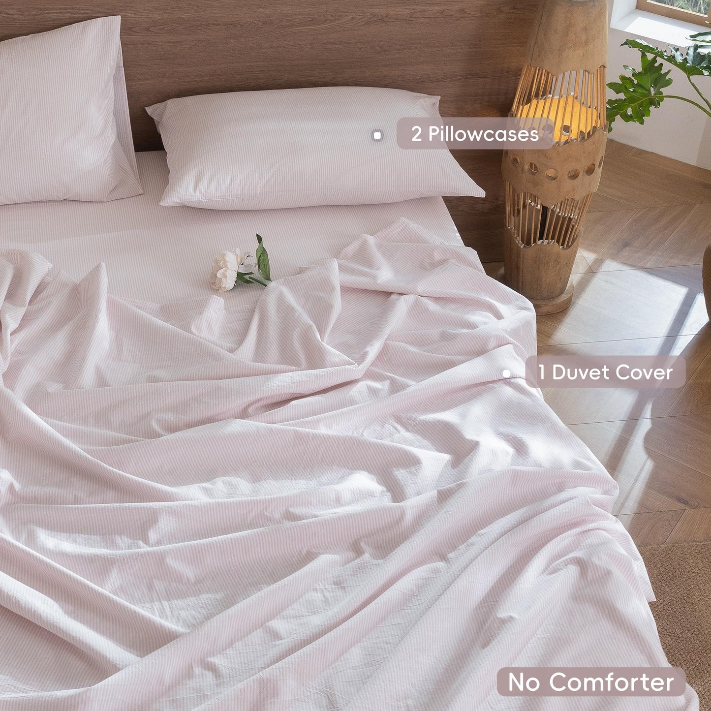 MooMee Striped Duvet Cover Set 100% Washed Cotton Linen Like Textured Breathable Durable Soft Comfy (Heathered Greyish Pink Pinstripes, Queen 90"x90")