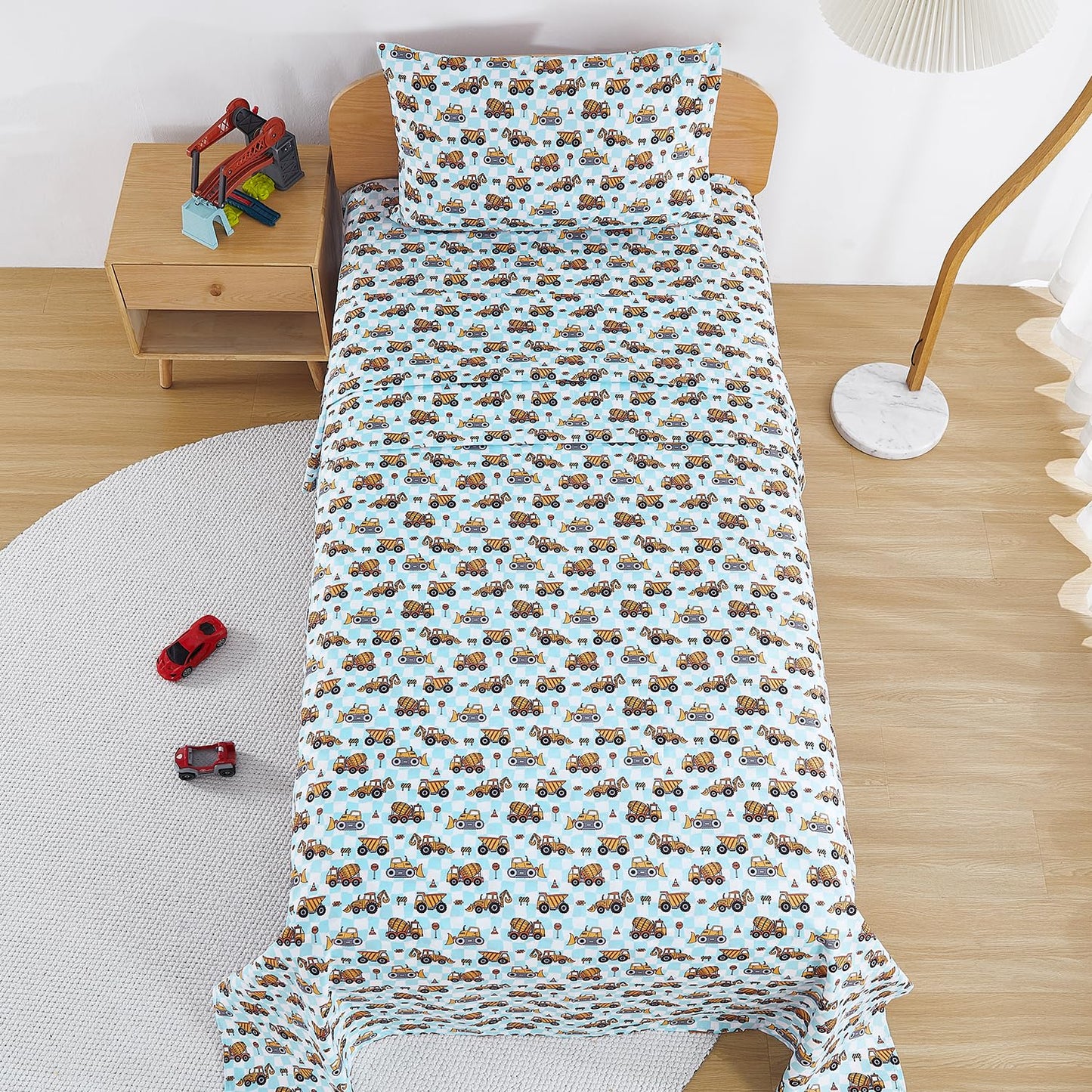 lasoftan Kids Sheet Set Twin Size, Twin Sheet Set with Grid Excavator Pattern，Breathable Silky Soft Microfiber Kids Fitted Sheet