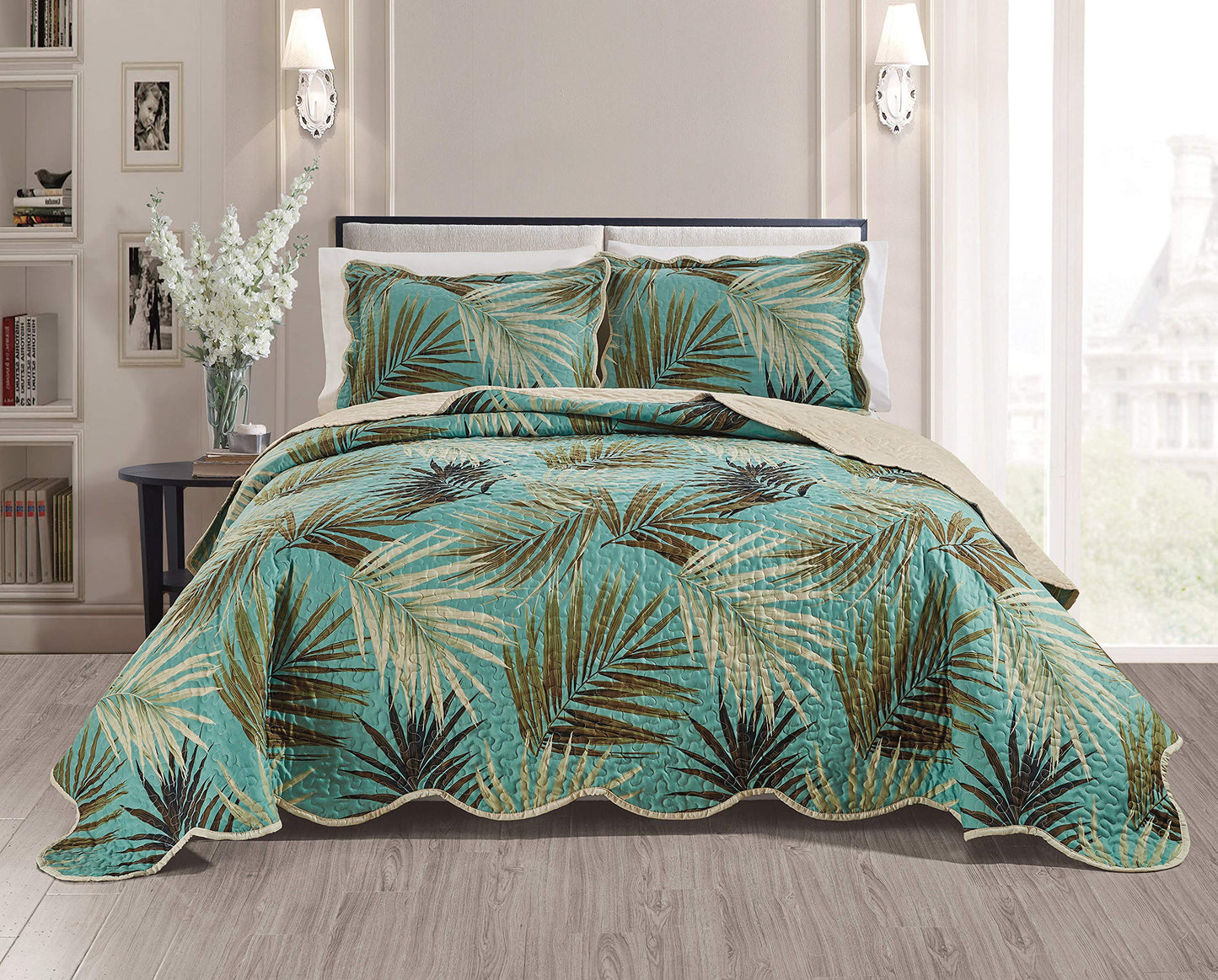 Masterplay 3-Piece Fine Printed Tropical Palm Leaves Oversize (118" X 95") Quilt Set, Bedspread Coverlet (Caifornia) Cal King Size Bed Cover (Sage, Aqua, Brown, Khaki)