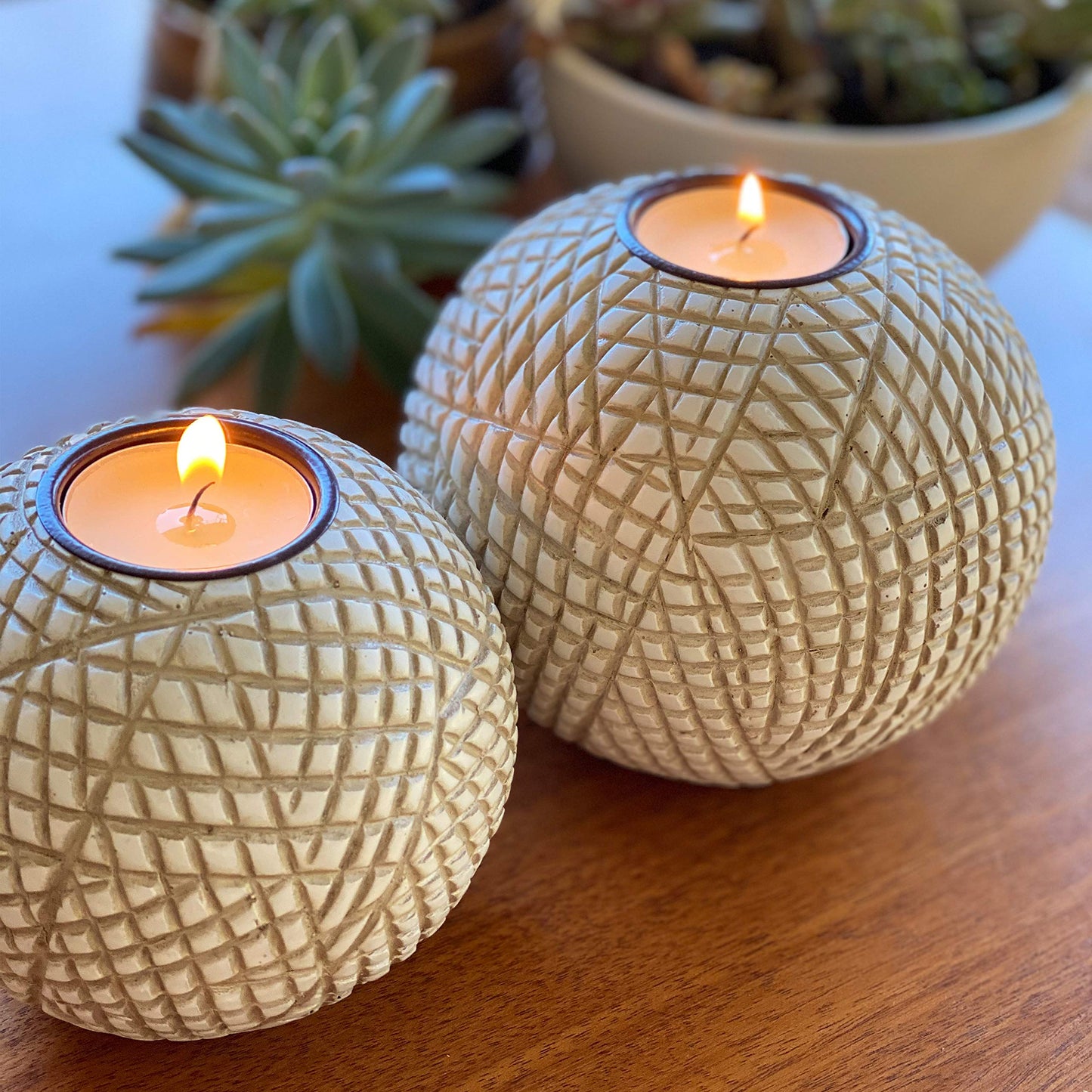 Luca Orb Tea Light Candle Holders (Gift Boxed Set of 2), Coffee Table, Console, Entryway or Fireplace Mantel Decor, Centerpiece for Dining or Living Room (Grid Pattern, Beige and White)