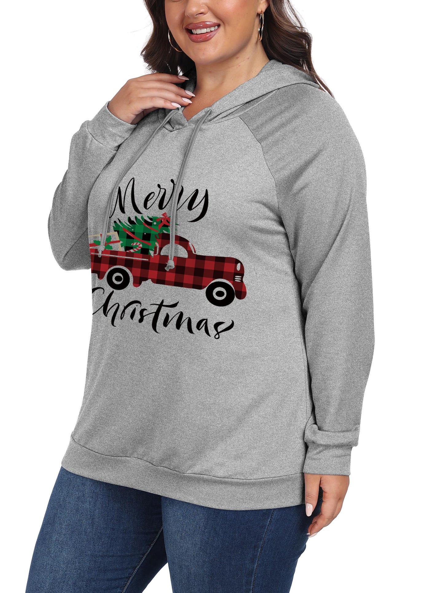 ForHailey Plus Size Christmas Hoodies for Women Merry Christmas Tree Car Hooded SweatShirt Christmas Outfits Pullover Shirt Christmas Outfits Light Grey 3X-Large