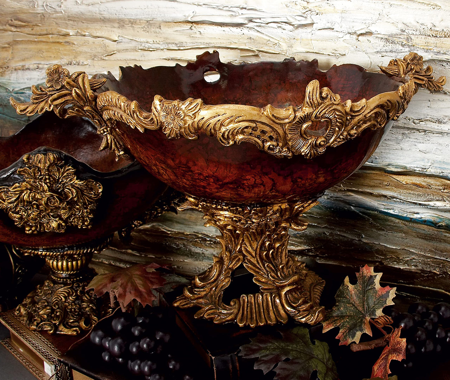 Deco 79 Polystone Leaf Decorative Decorative Bowl Intricately Carved Arabesque Decorative Container, Decorative Keepsake Box 19" x 14" x 11", Gold